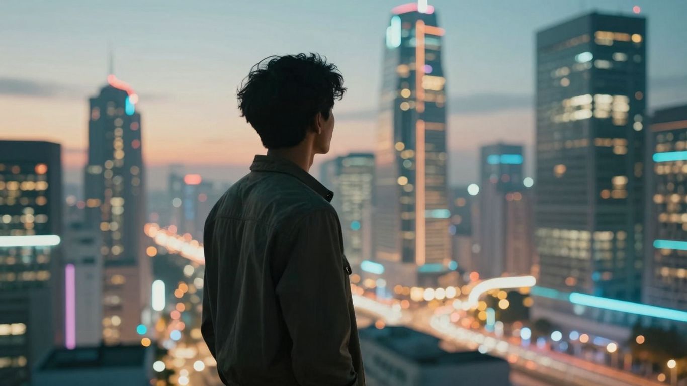 Person blickt in eine digitale Zukunft